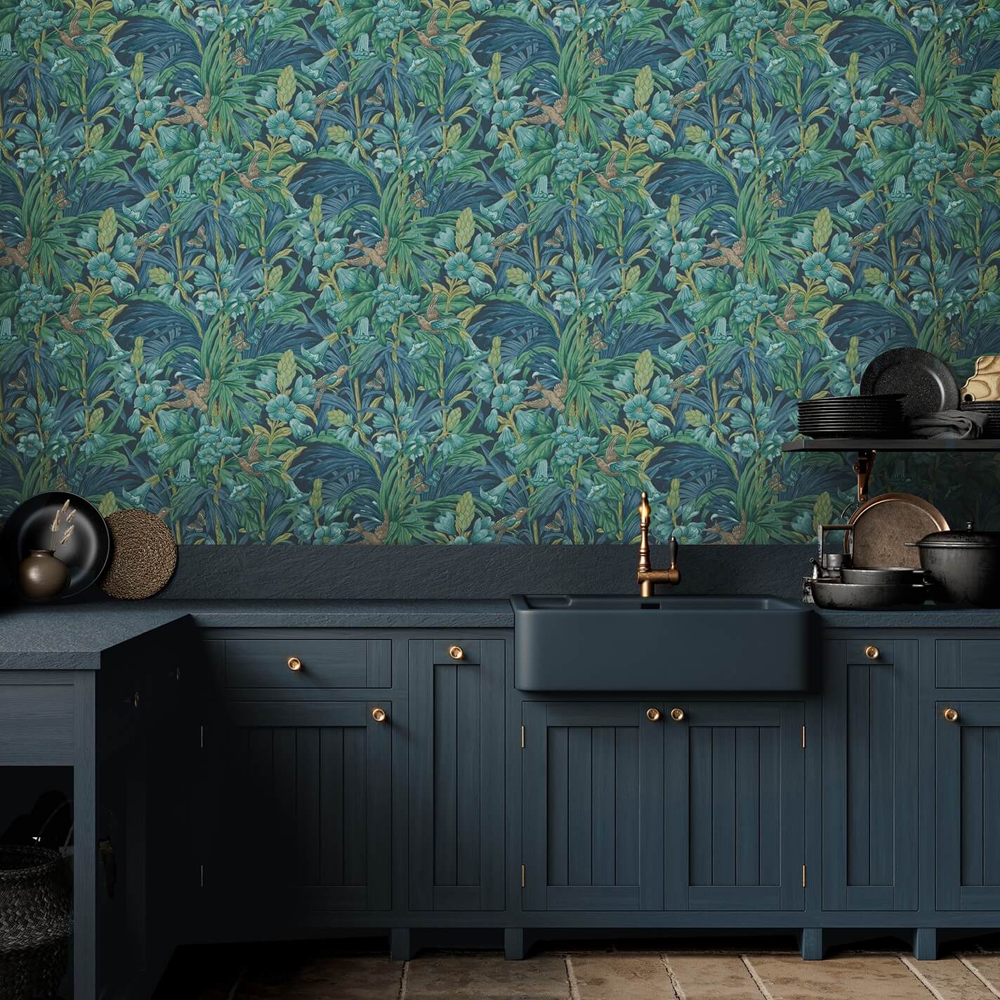 GP&J Baker - Brantwood Trumpet Flowers Indigo Teal BW45103-5