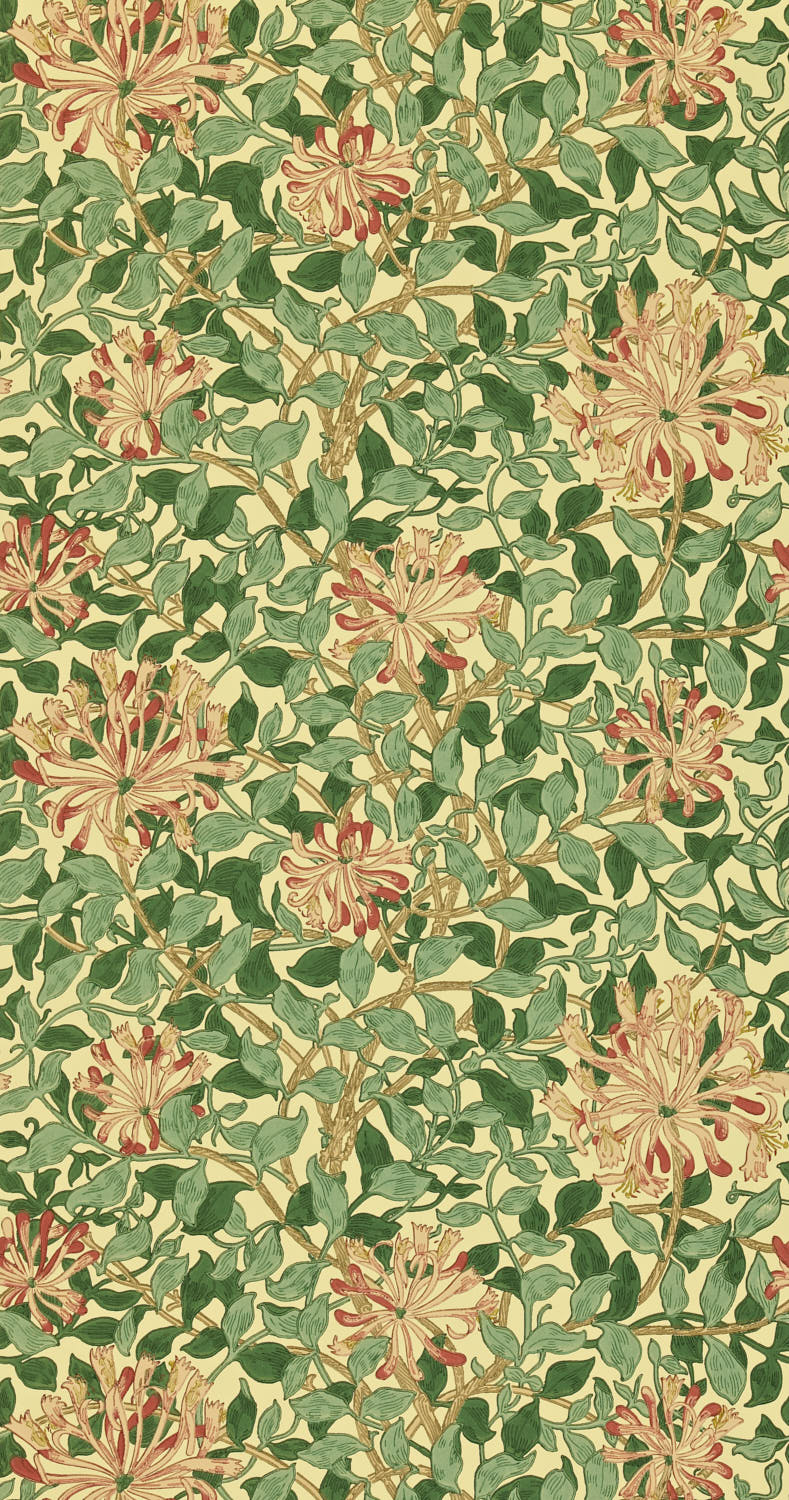 Morris & Co - Honeysuckle Green/Coral P Morris and Friends Wallpa