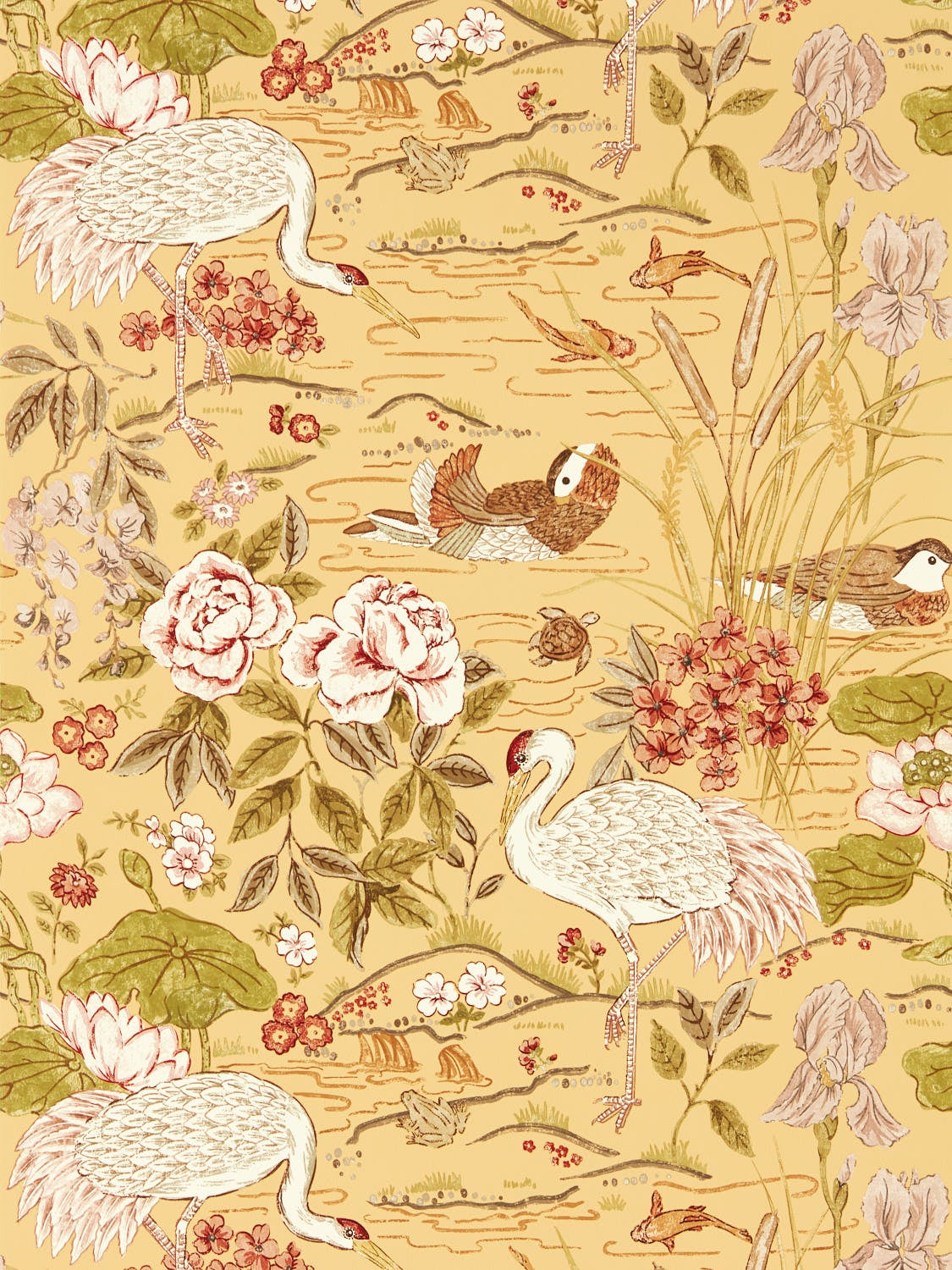 Sanderson - Crane & Frog Honey/Olive Water Garden Wallpapers
