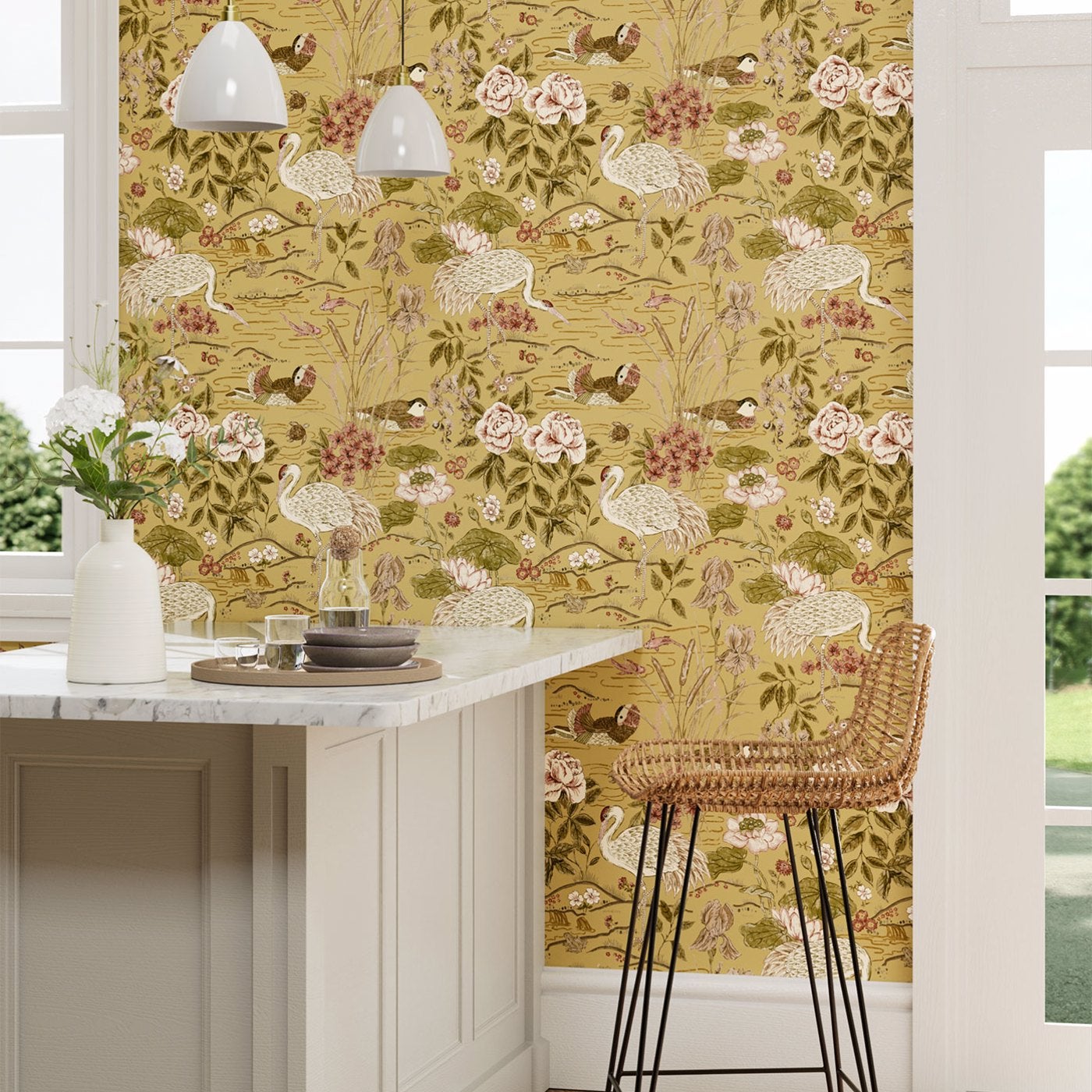 Sanderson - Crane & Frog Honey/Olive Water Garden Wallpapers