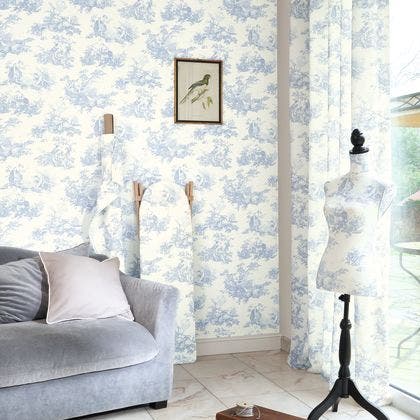 SCENE D'ÉTÉ BLEU PORCEL LES BELLES TOILES DE JOUY